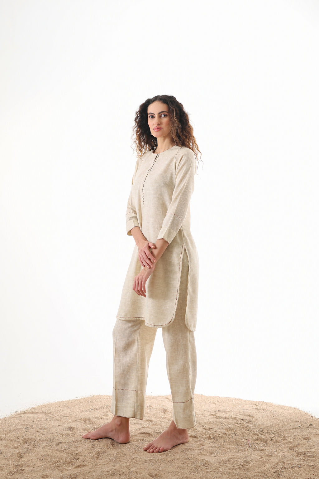 Aks Round Hem Co-ord Set with Embroidery & Button Detailing - Sand Stone