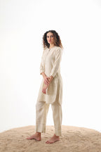 Aks Round Hem Co-ord Set with Embroidery & Button Detailing - Sand Stone