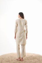 Aks Round Hem Co-ord Set with Embroidery & Button Detailing - Sand Stone