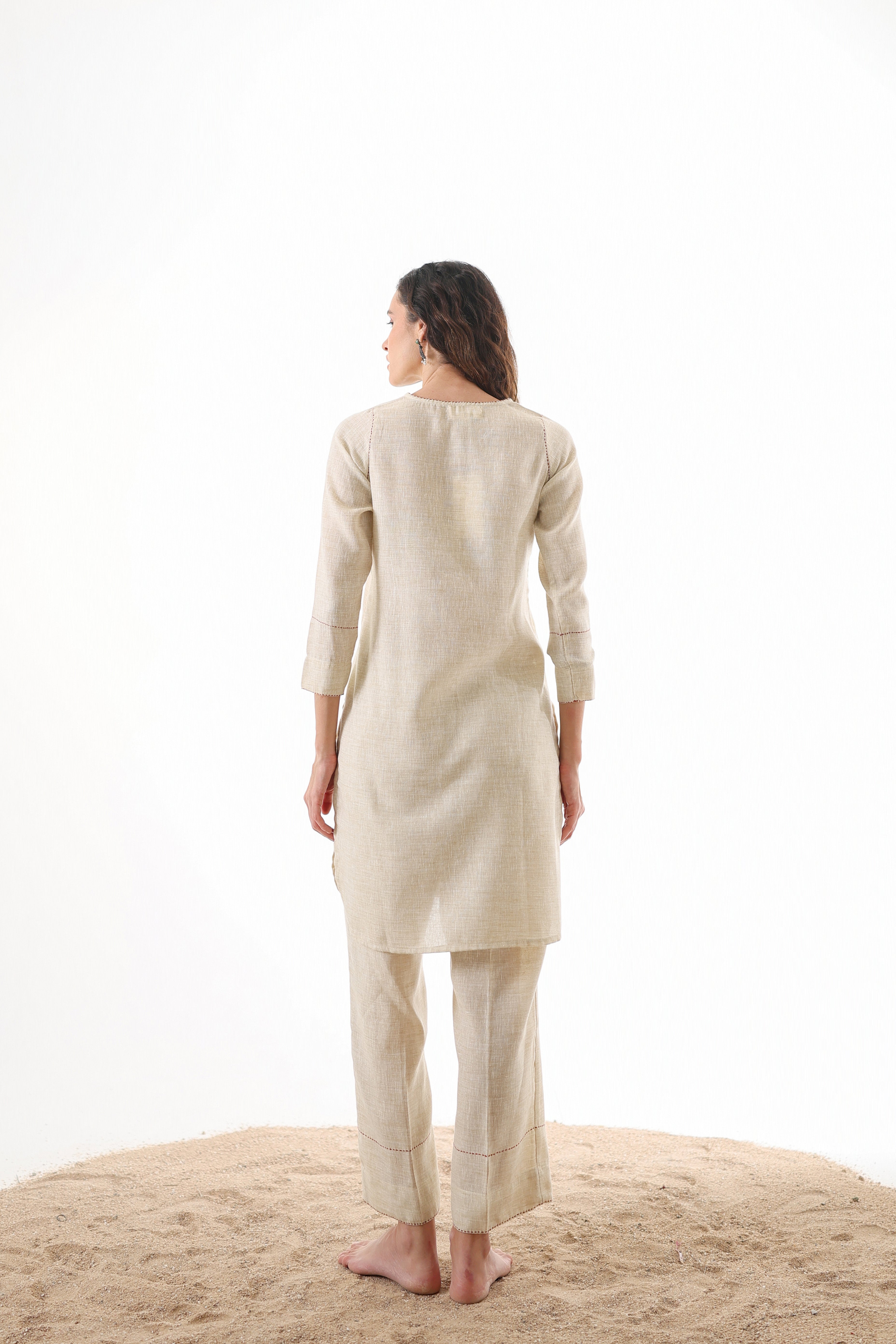 Aks Round Hem Co-ord Set with Embroidery & Button Detailing - Sand Stone