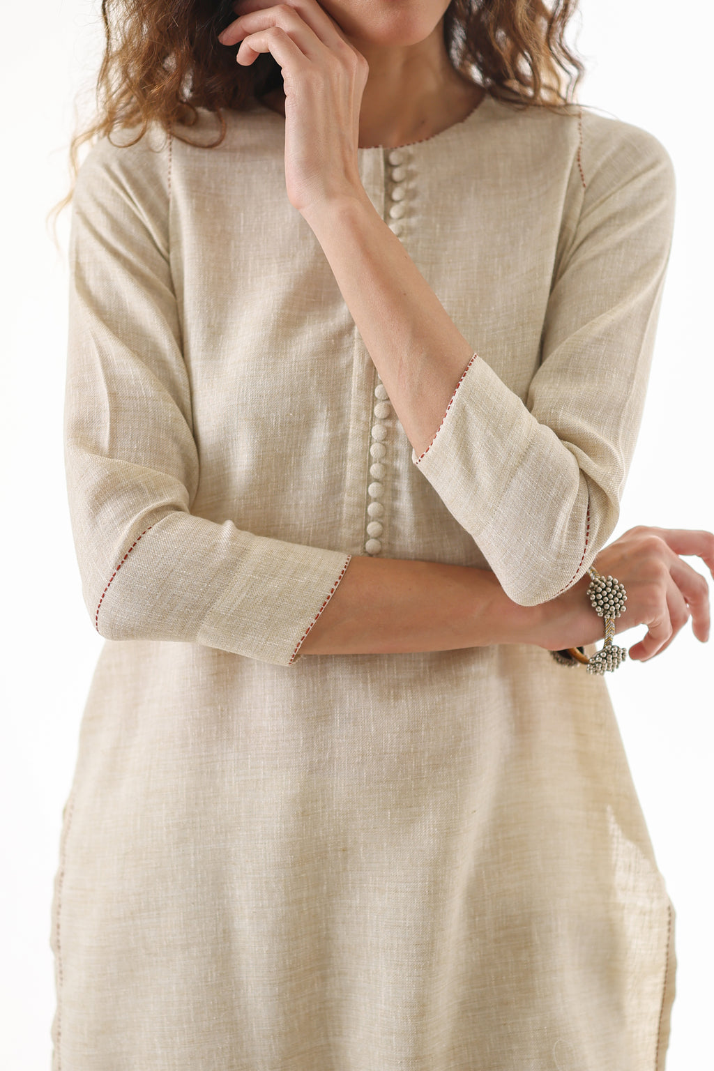 Aks Round Hem Co-ord Set with Embroidery & Button Detailing - Sand Stone