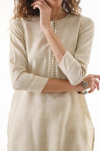 Aks Round Hem Co-ord Set with Embroidery & Button Detailing - Sand Stone