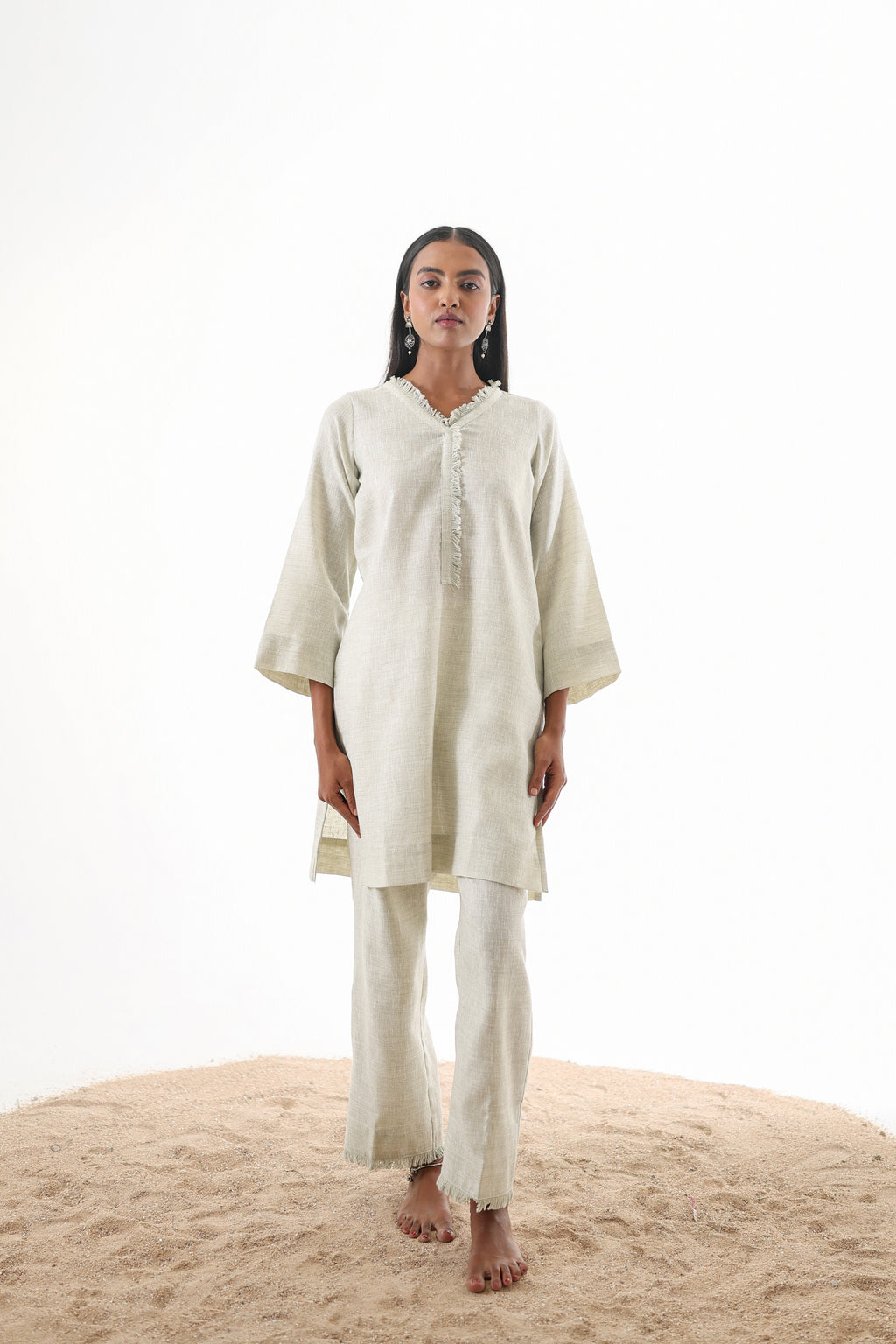 Aks V-Neck Co-ord Set with Fringed Detailing - Mocha Linen