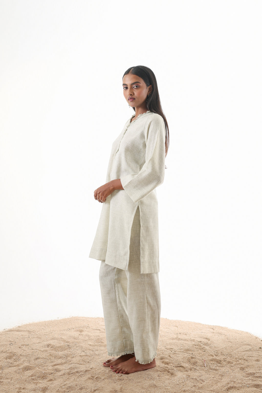 Aks V-Neck Co-ord Set with Fringed Detailing - Mocha Linen