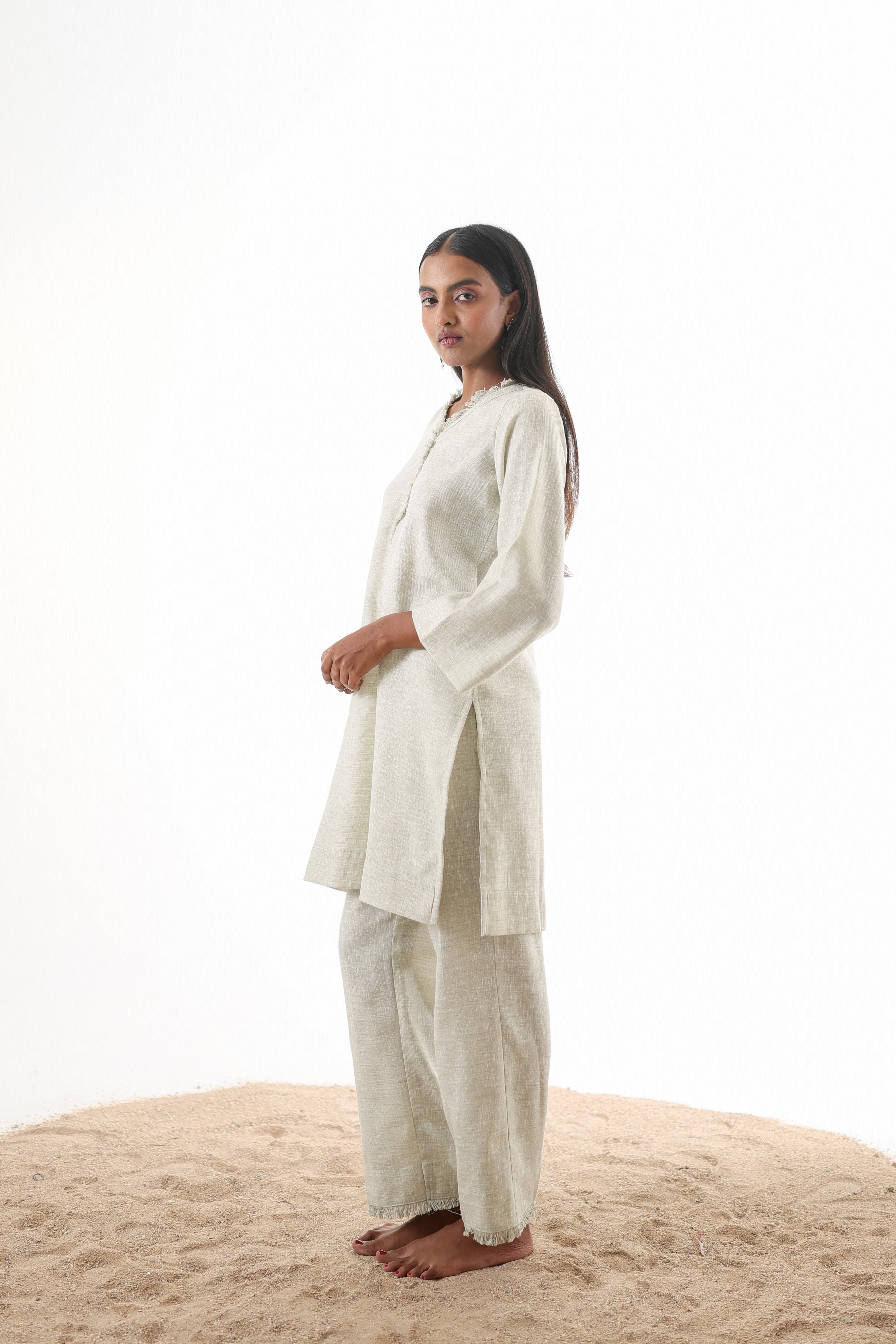 Aks V-Neck Co-ord Set with Fringed Detailing - Mocha Linen