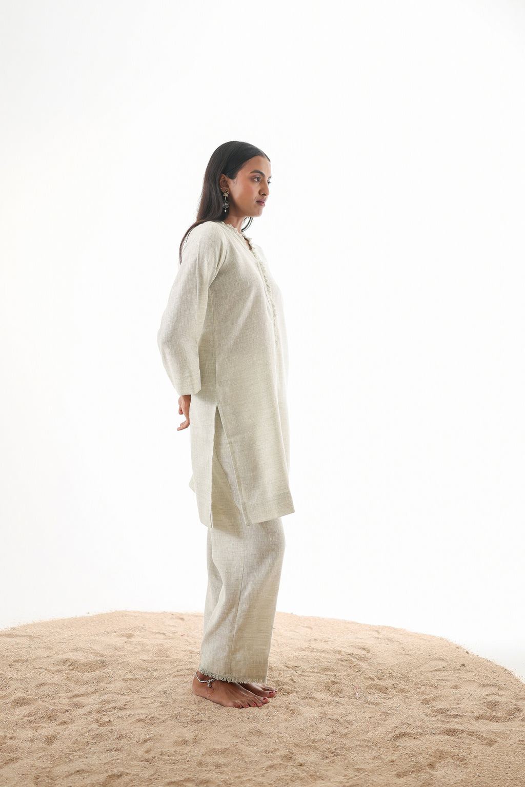 Aks V-Neck Co-ord Set with Fringed Detailing - Mocha Linen