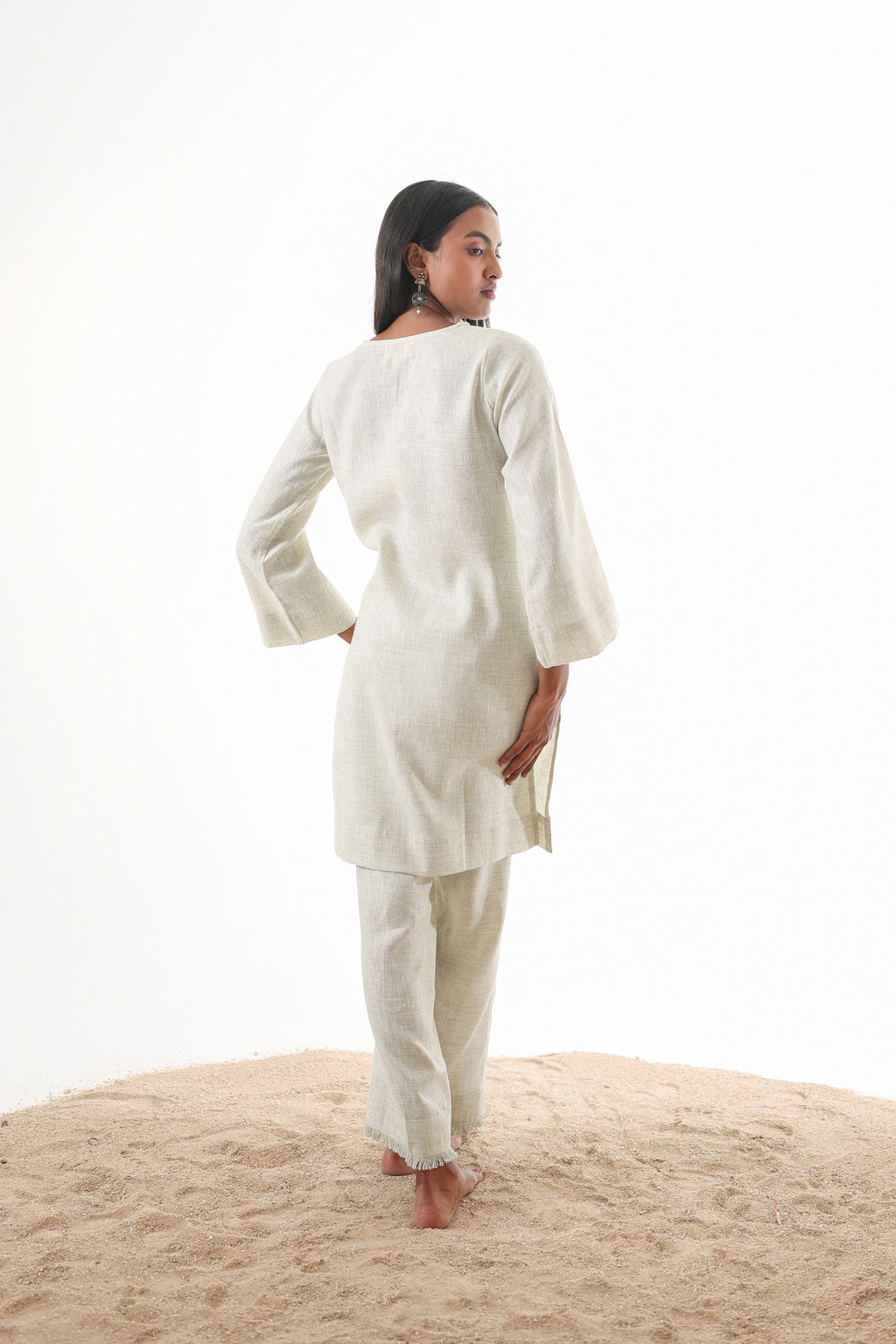 Aks V-Neck Co-ord Set with Fringed Detailing - Mocha Linen