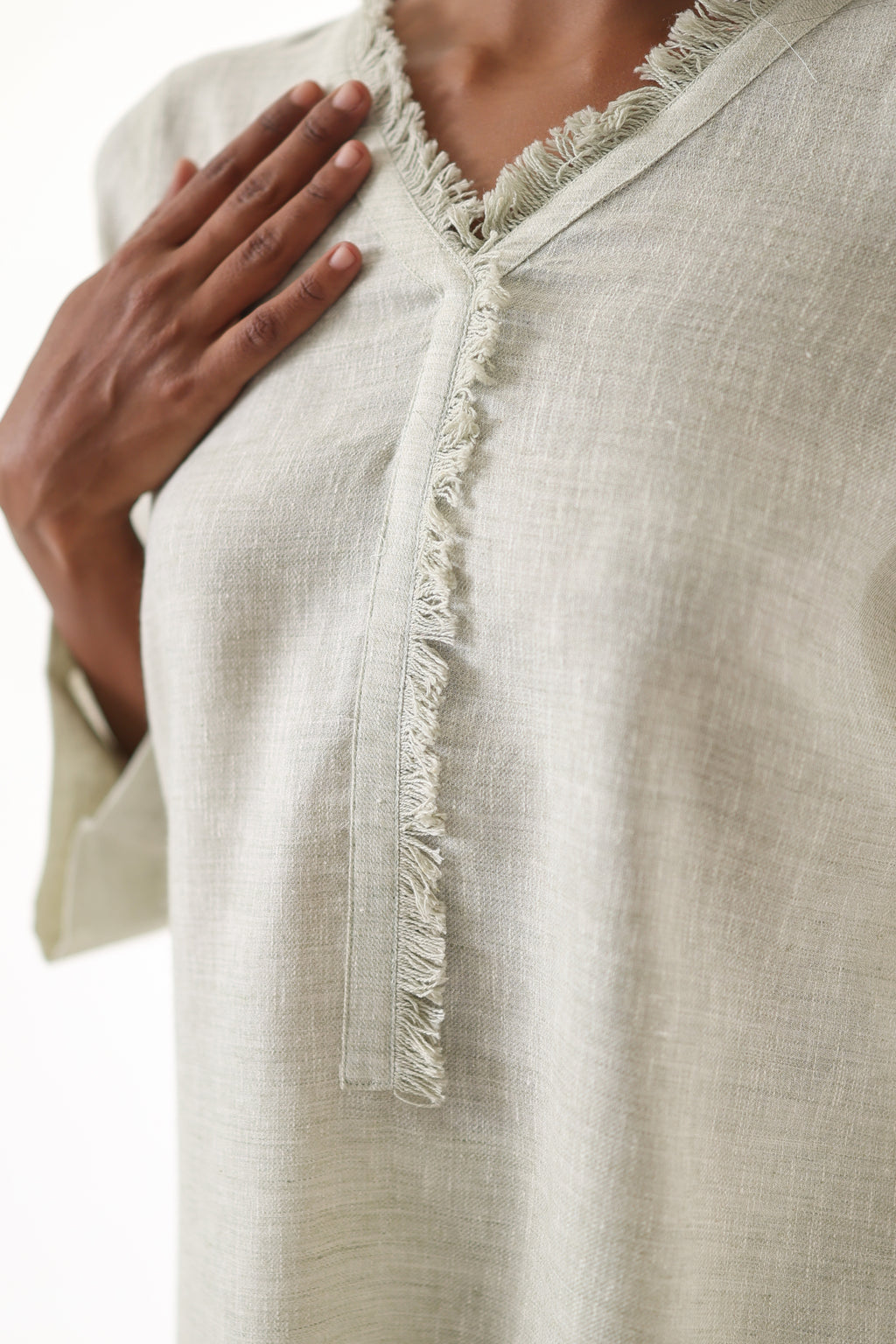 Aks V-Neck Co-ord Set with Fringed Detailing - Mocha Linen