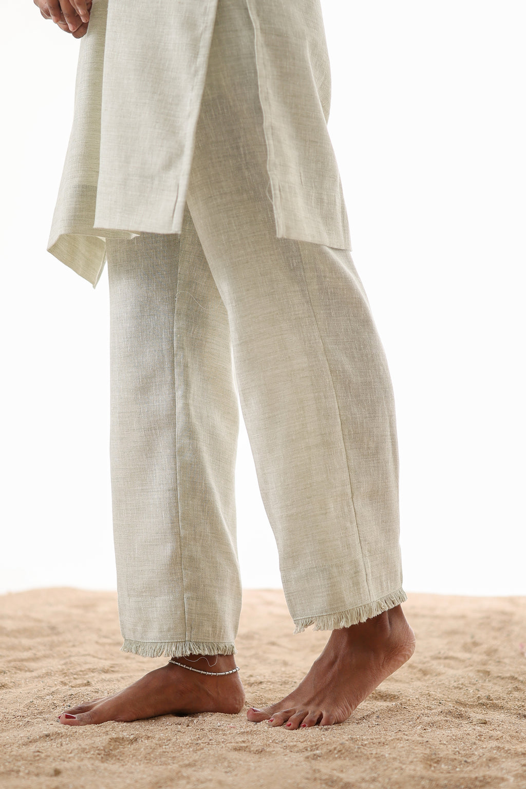 Aks V-Neck Co-ord Set with Fringed Detailing - Mocha Linen