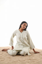 Aks V-Neck Co-ord Set with Fringed Detailing - Mocha Linen