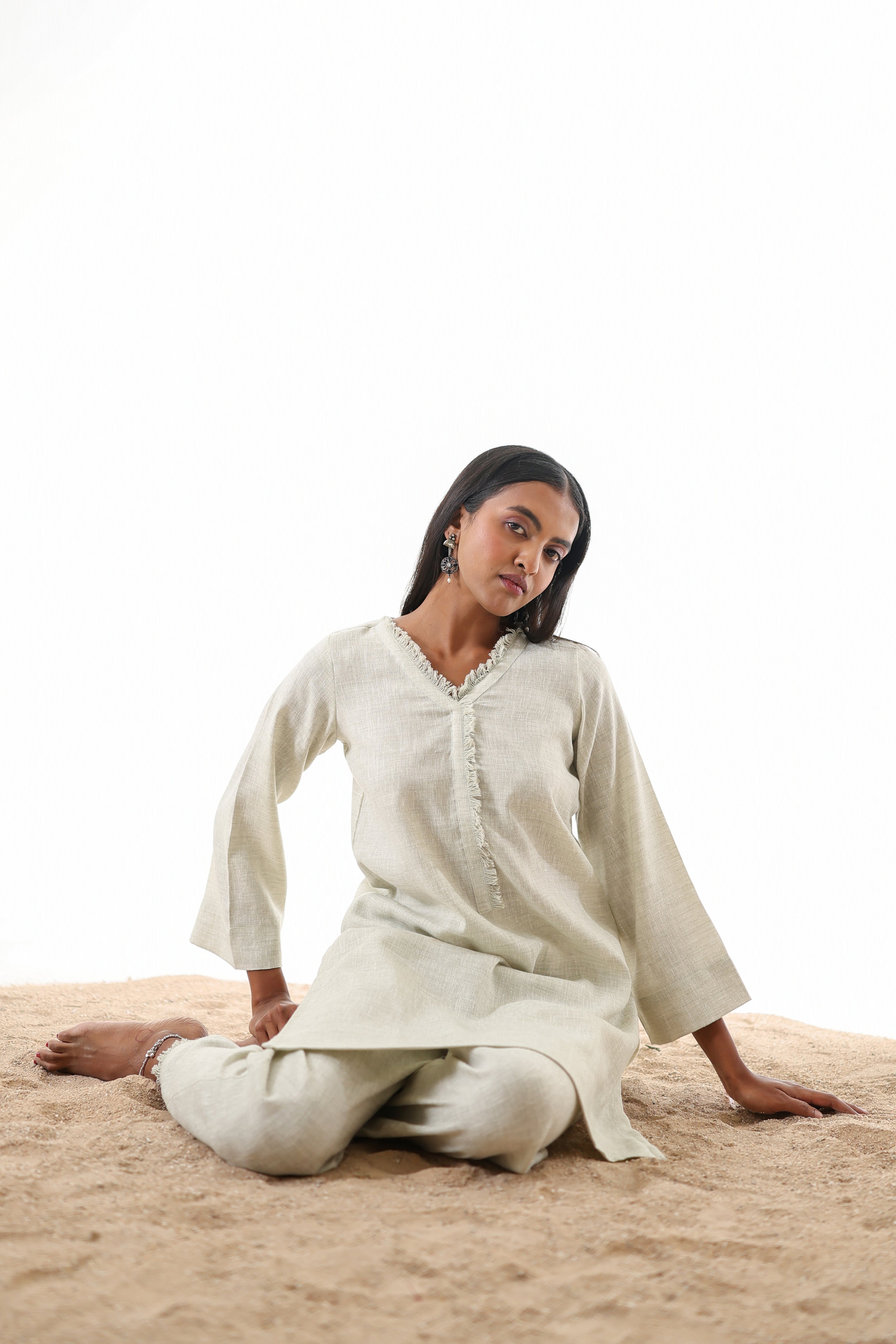 Aks V-Neck Co-ord Set with Fringed Detailing - Mocha Linen