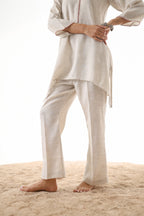 Aks Asymmetric Hem Co-ord Set with Flared Pants & Handwork Detailing - Almond Dust