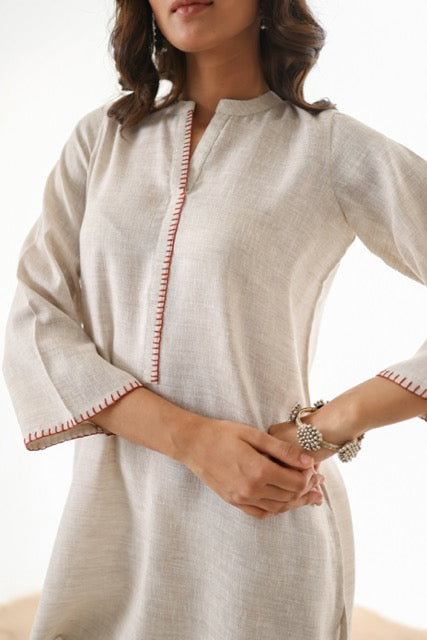 Aks Asymmetric Hem Co-ord Set with Flared Pants & Handwork Detailing - Almond Dust