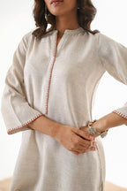 Aks Asymmetric Hem Co-ord Set with Flared Pants & Handwork Detailing - Almond Dust