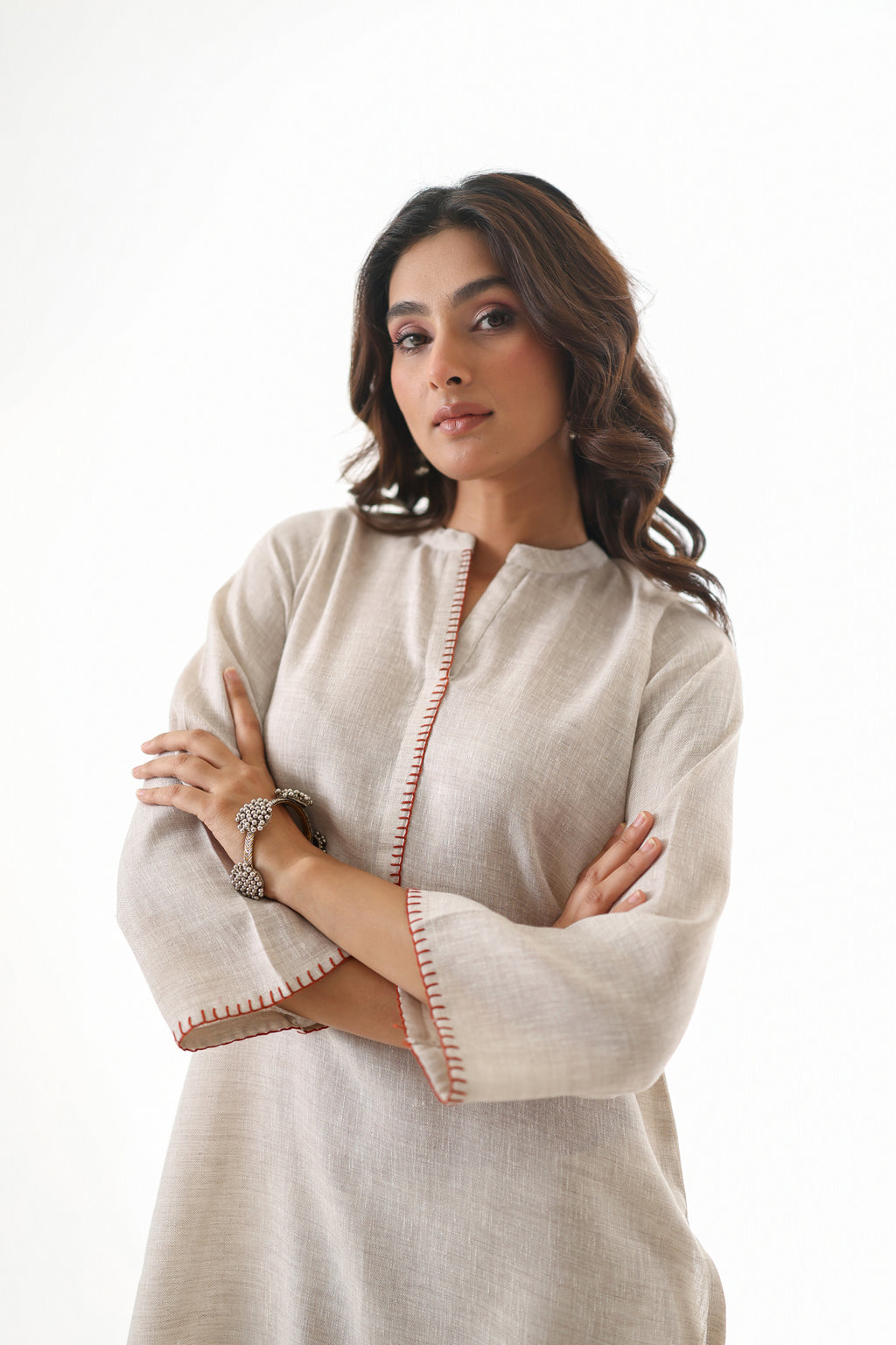 Aks Asymmetric Hem Co-ord Set with Flared Pants & Handwork Detailing - Almond Dust