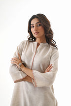 Aks Asymmetric Hem Co-ord Set with Flared Pants & Handwork Detailing - Almond Dust