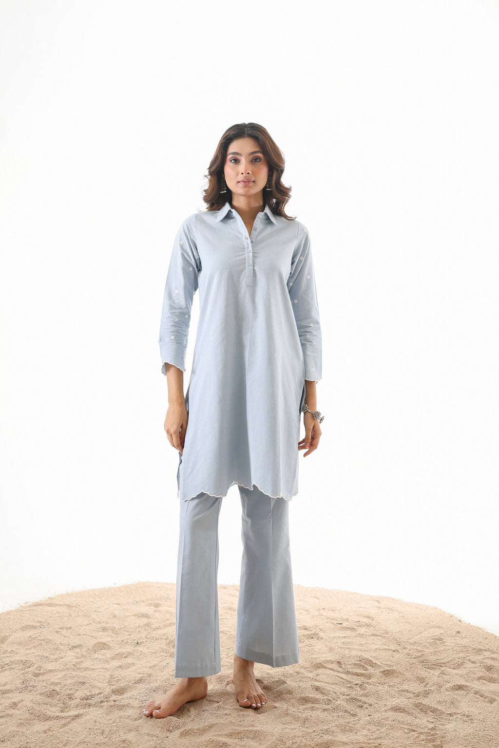Rahi Co-ord Set with Scallop Embroidery - Sky Blue