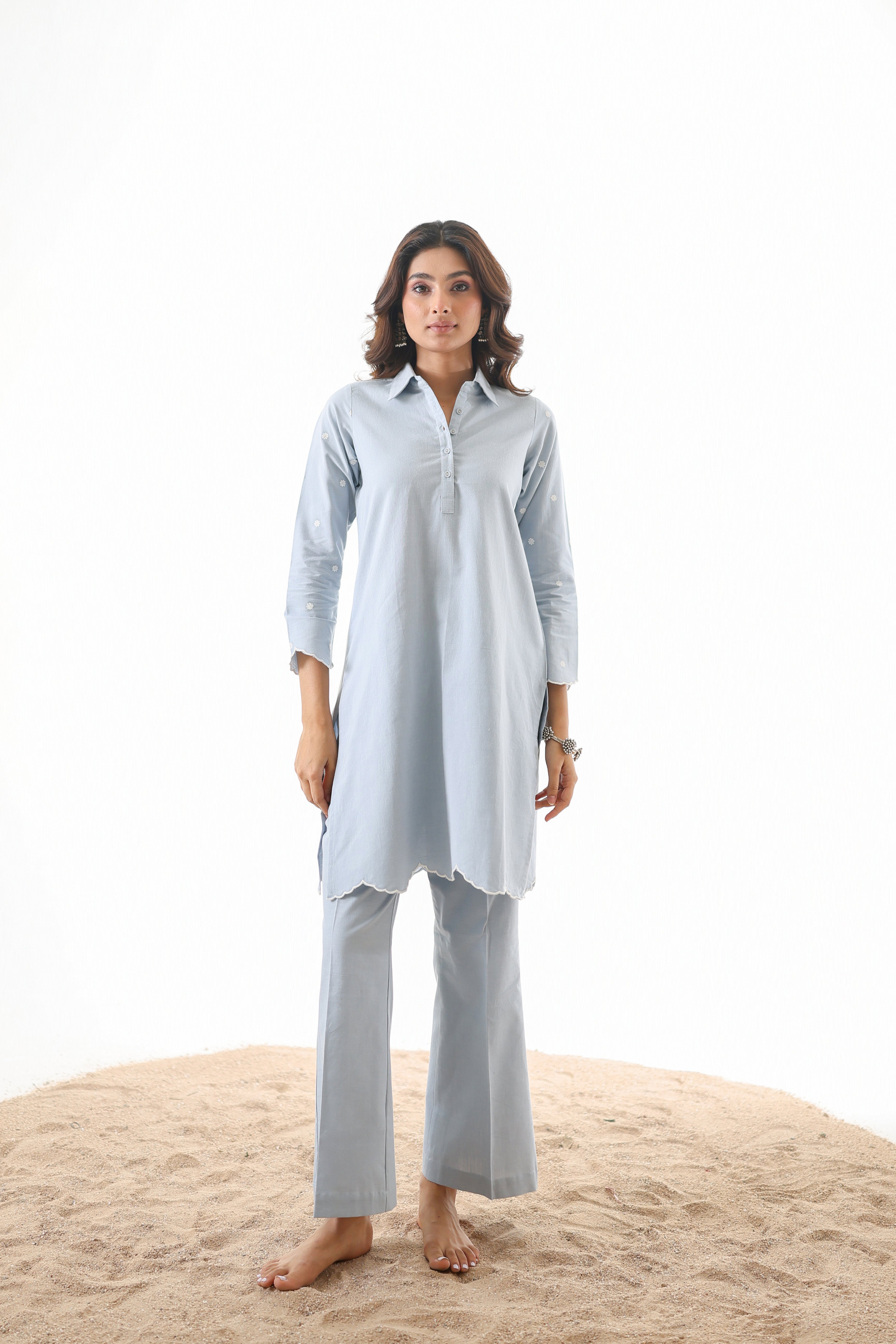Rahi Co-ord Set with Scallop Embroidery - Sky Blue