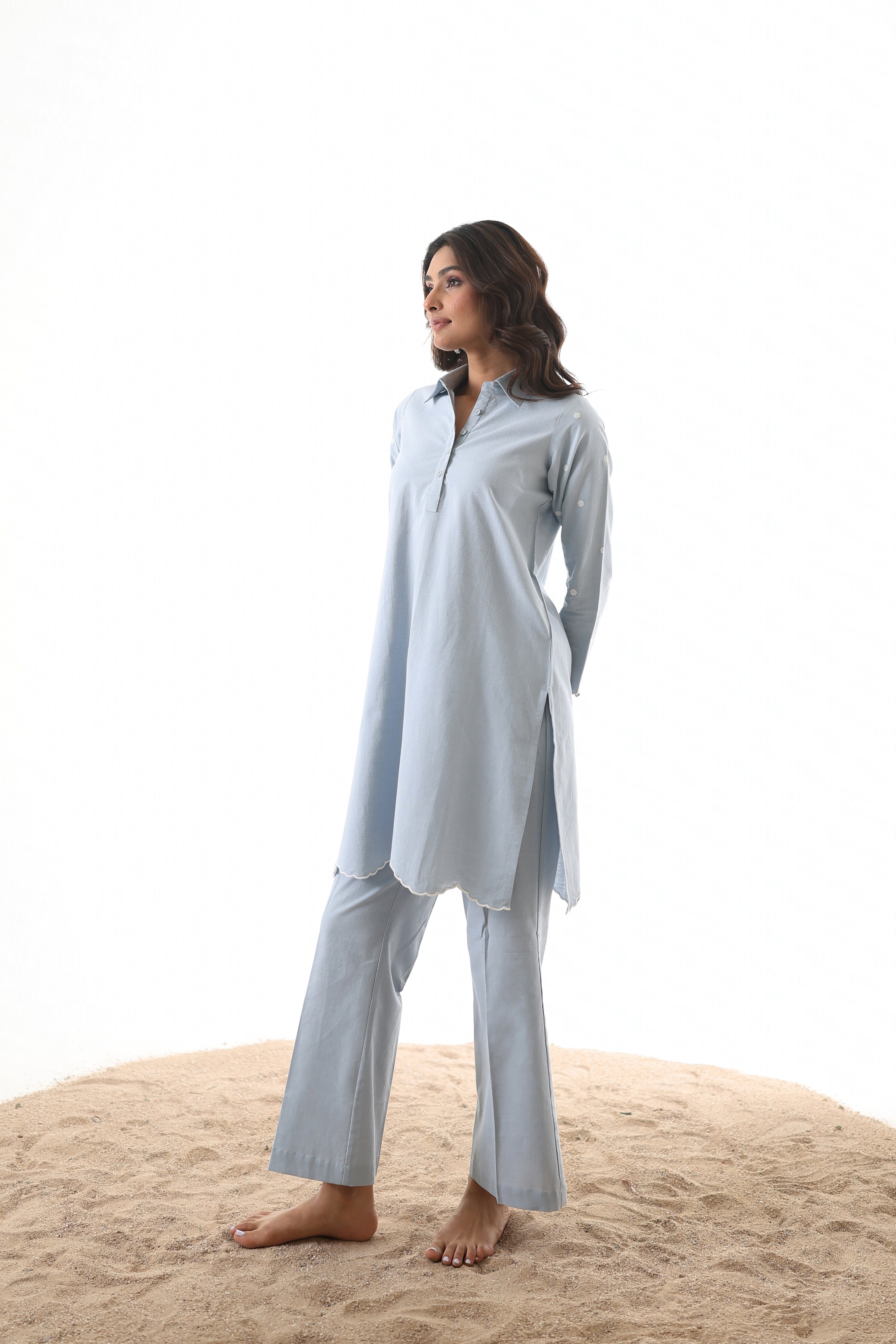 Rahi Co-ord Set with Scallop Embroidery - Sky Blue