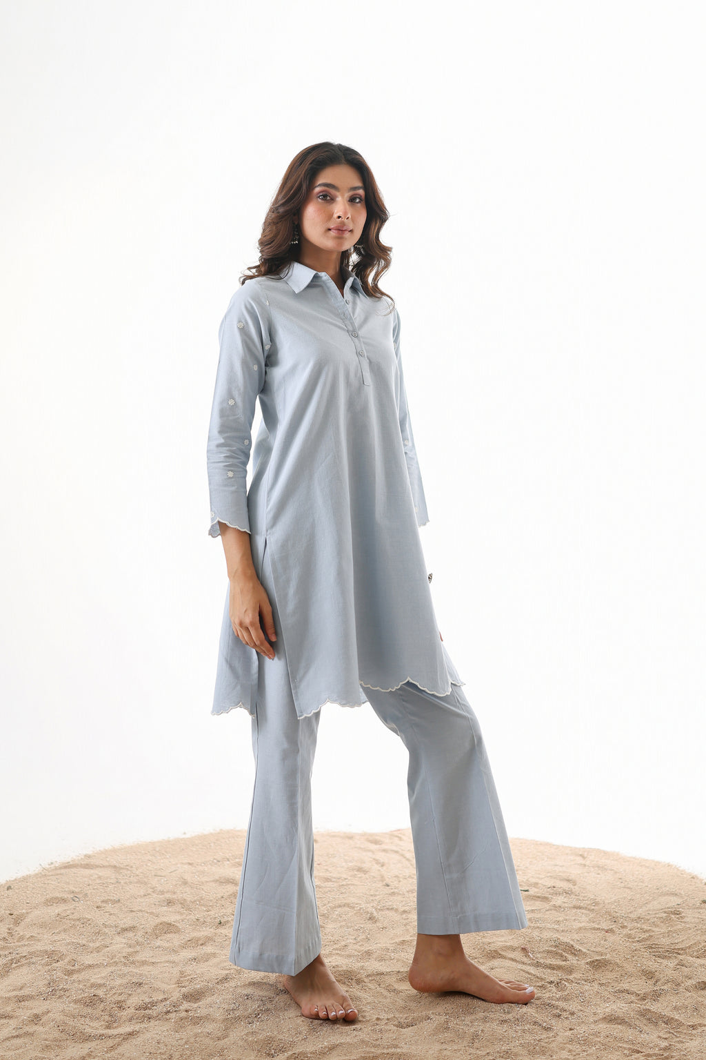 Rahi Co-ord Set with Scallop Embroidery - Sky Blue