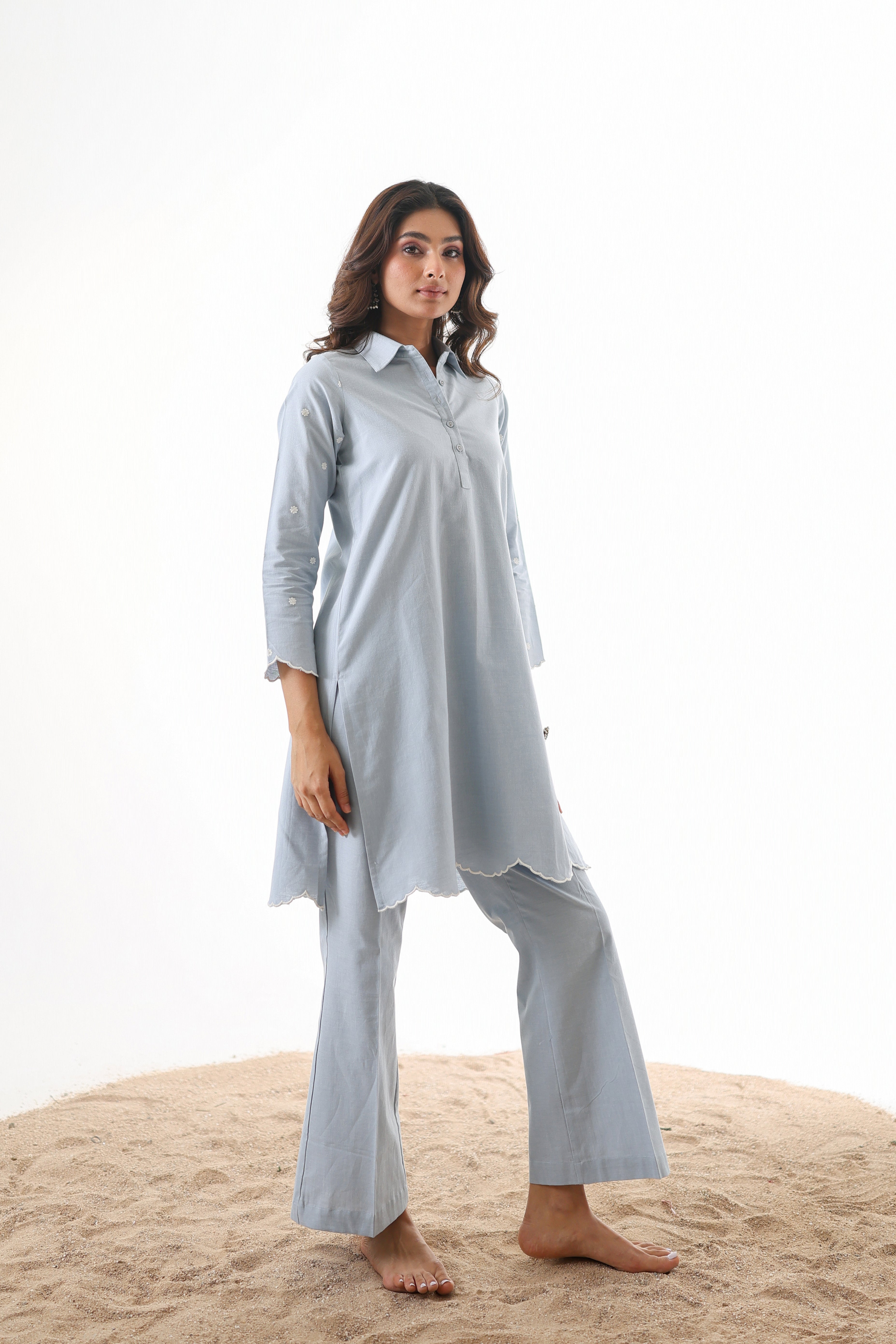Rahi Co-ord Set with Scallop Embroidery - Sky Blue