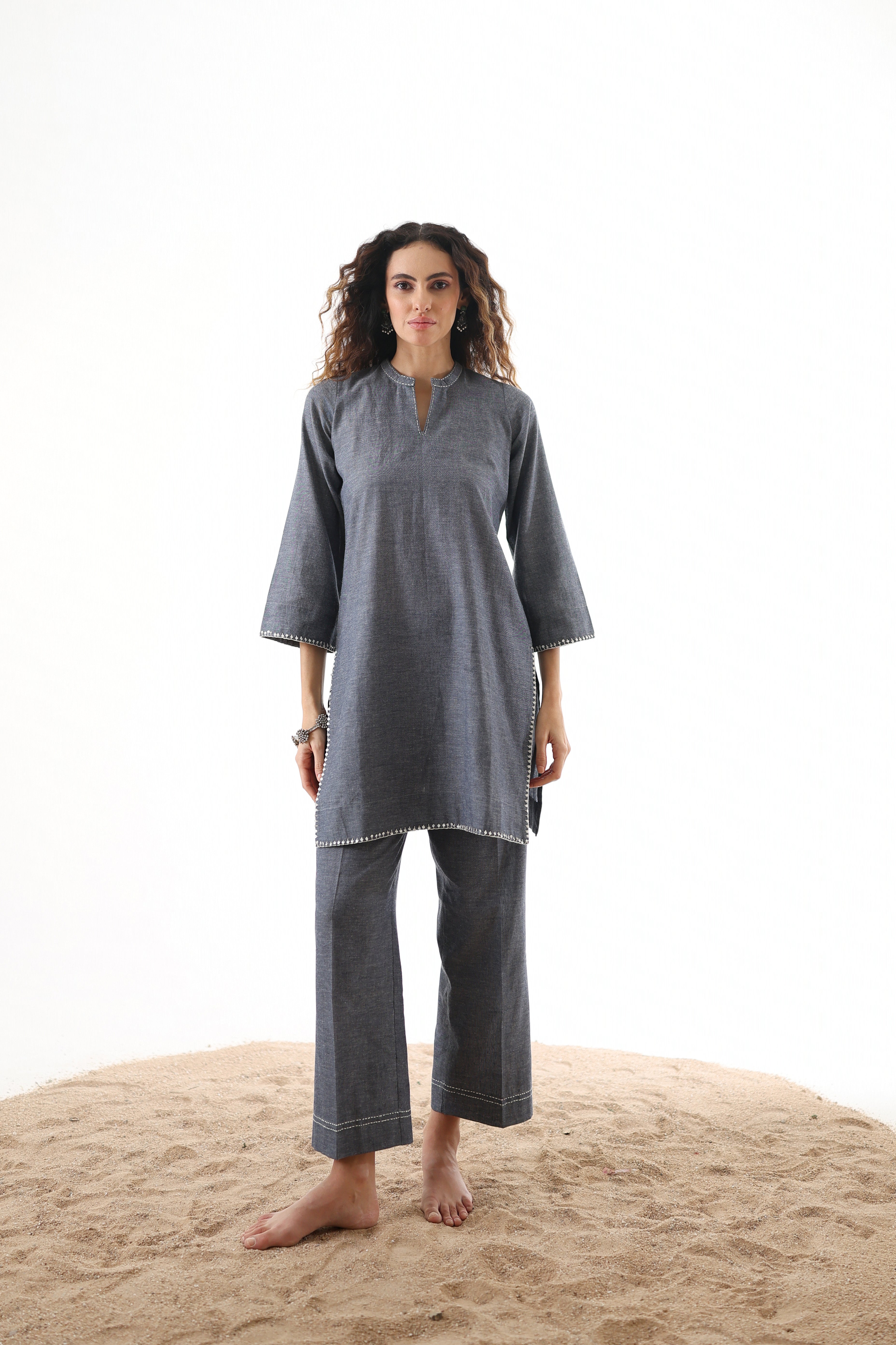 Rahi Co-ord Set with Sequin Embroidery - Denim Grey