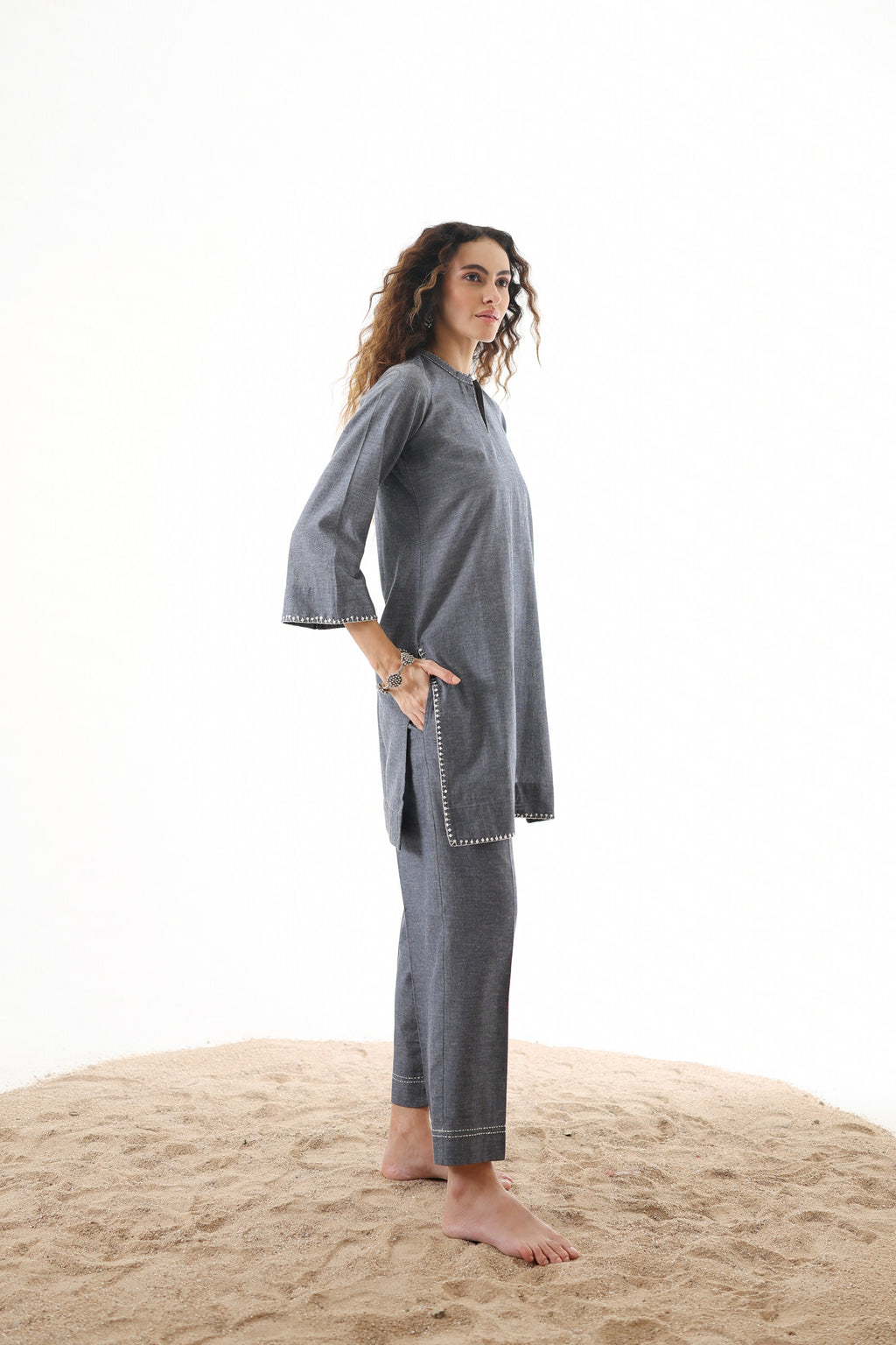Rahi Co-ord Set with Sequin Embroidery - Denim Grey