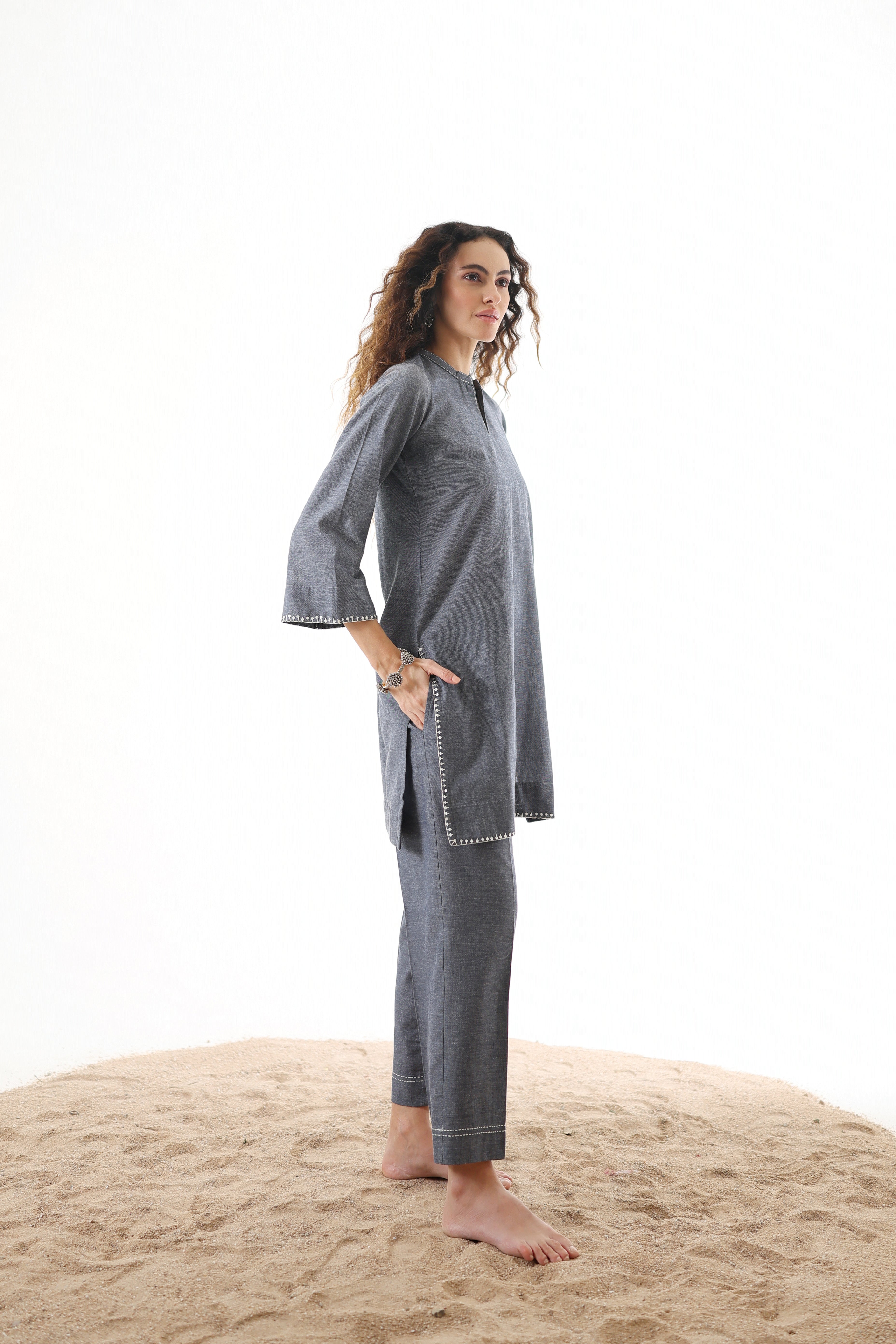 Rahi Co-ord Set with Sequin Embroidery - Denim Grey