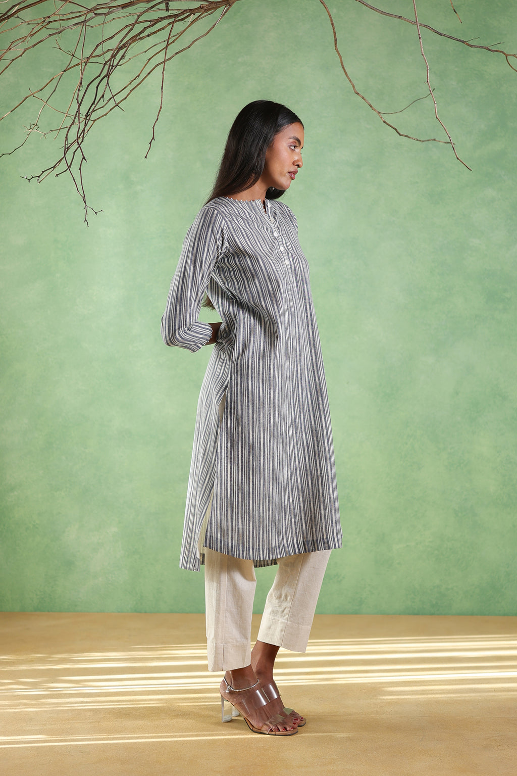 Nura Linen Kurta with Gul Ghera Detailing - Mint Green or Ikat Grey