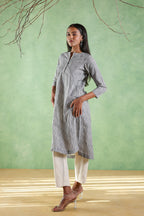 Nura Linen Kurta with Gul Ghera Detailing - Mint Green or Ikat Grey