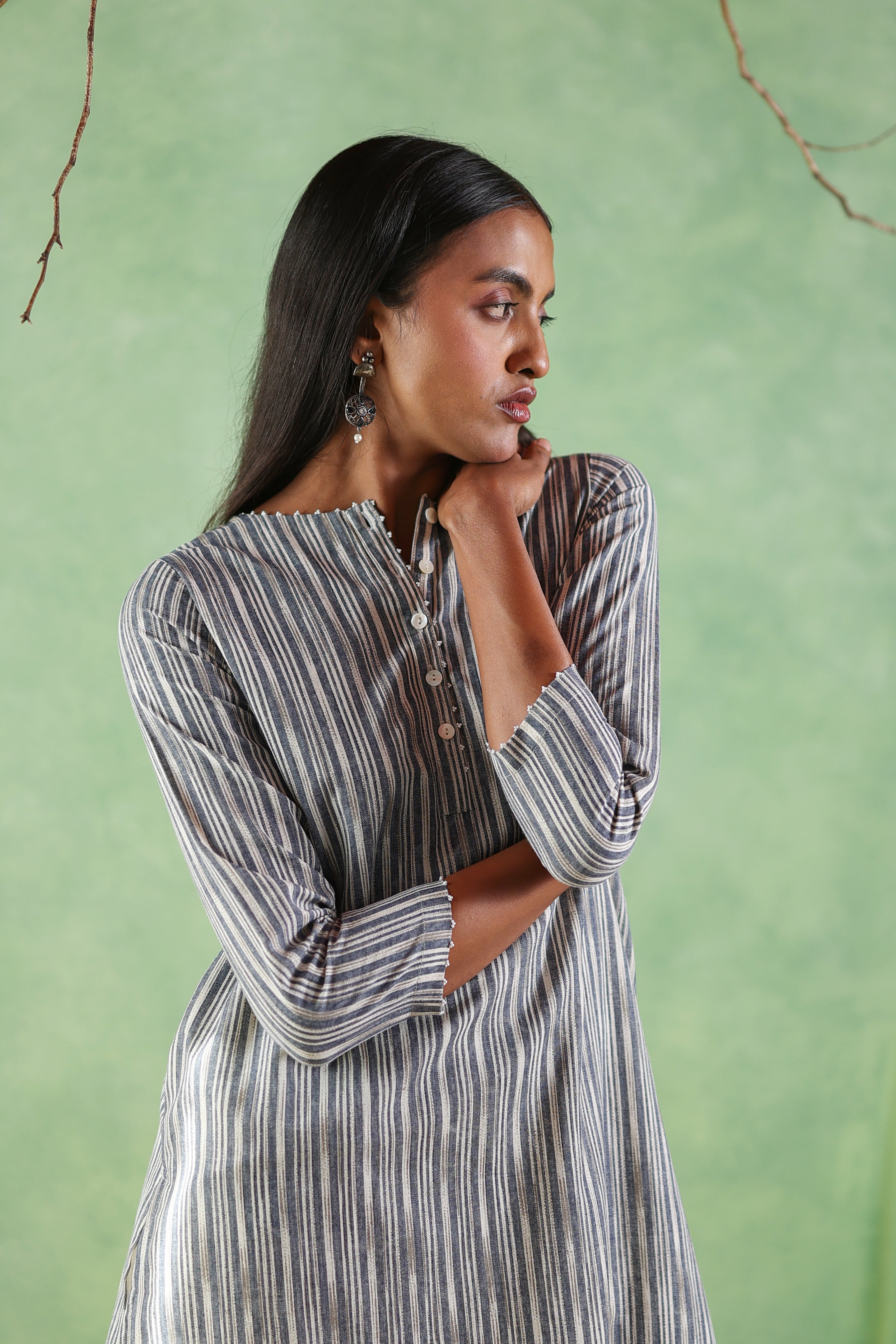 Nura Linen Kurta with Gul Ghera Detailing - Mint Green or Ikat Grey