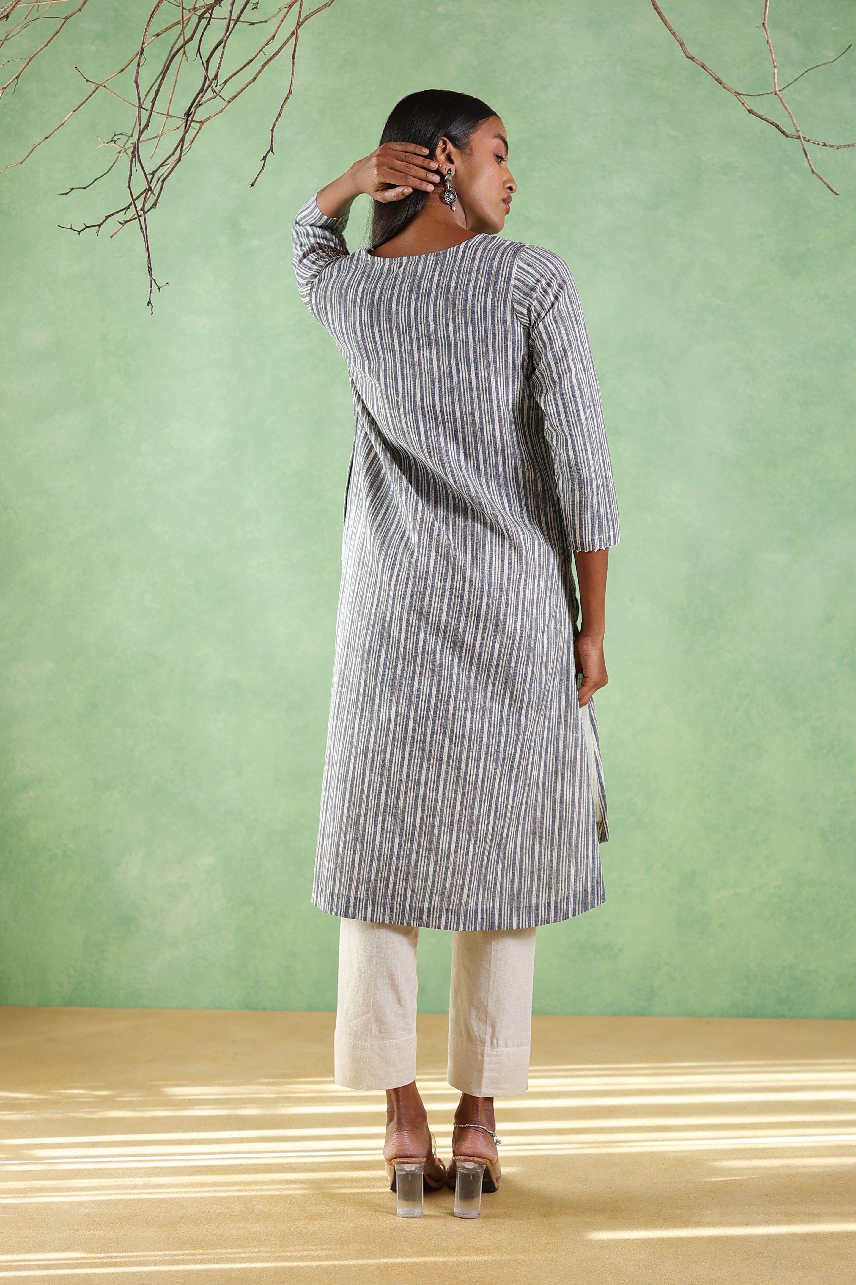 Nura Linen Kurta with Gul Ghera Detailing - Mint Green or Ikat Grey