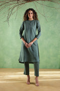Nura Linen Kurta with Gul Ghera Detailing - Mint Green or Ikat Grey