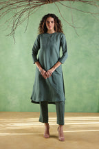 Nura Linen Kurta with Gul Ghera Detailing - Mint Green or Ikat Grey