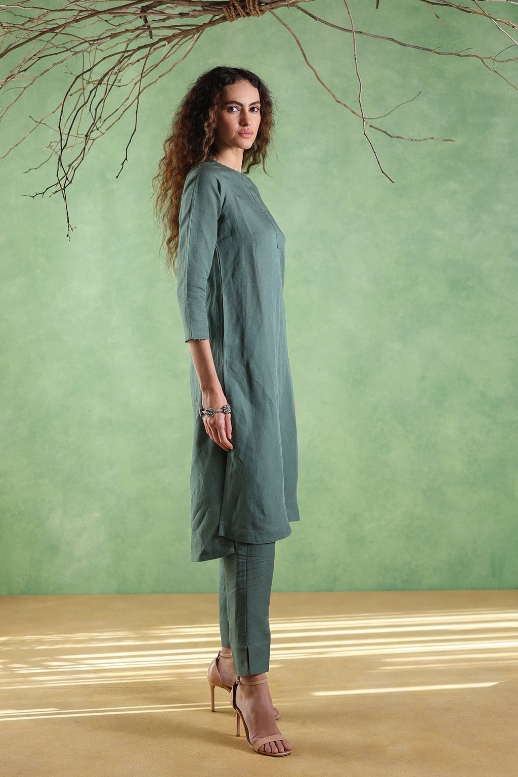 Nura Linen Kurta with Gul Ghera Detailing - Mint Green or Ikat Grey