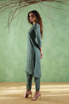 Nura Linen Kurta with Gul Ghera Detailing - Mint Green or Ikat Grey