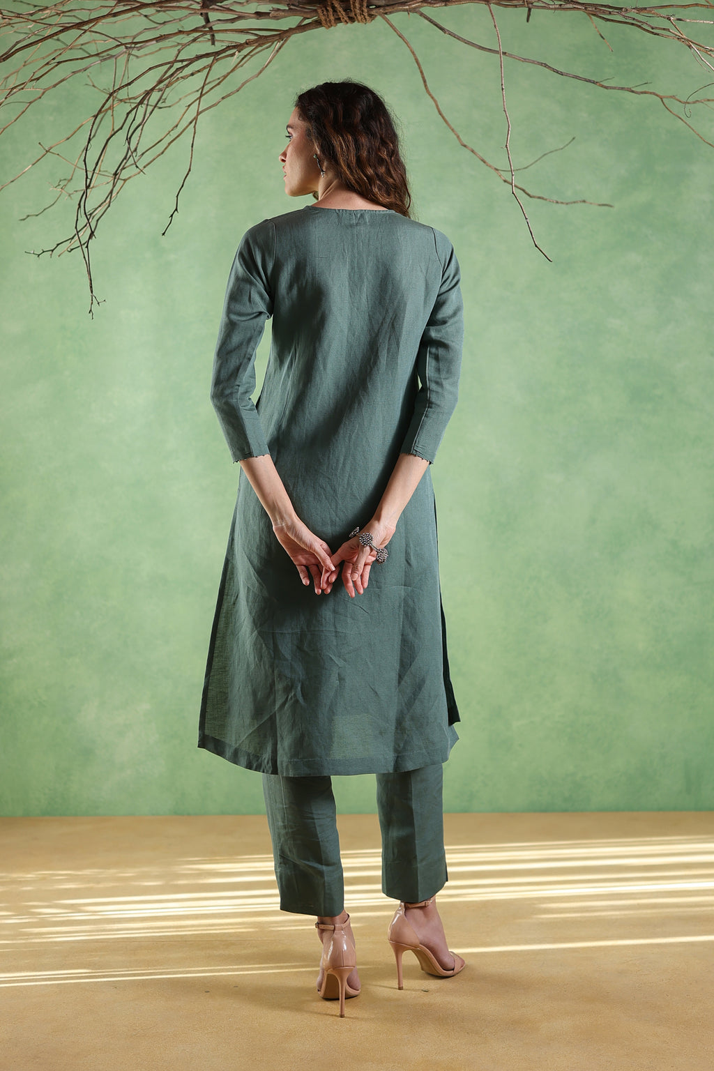 Nura Linen Kurta with Gul Ghera Detailing - Mint Green or Ikat Grey