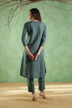 Nura Linen Kurta with Gul Ghera Detailing - Mint Green or Ikat Grey
