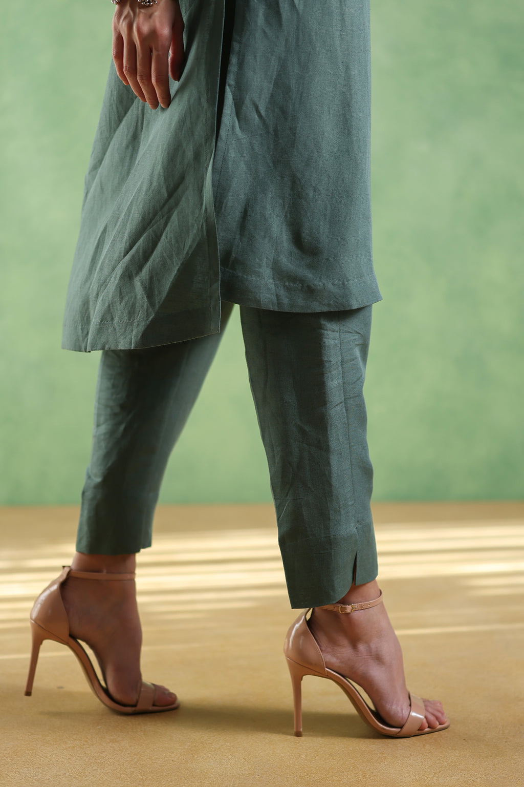 Nura Linen Kurta with Gul Ghera Detailing - Mint Green or Ikat Grey