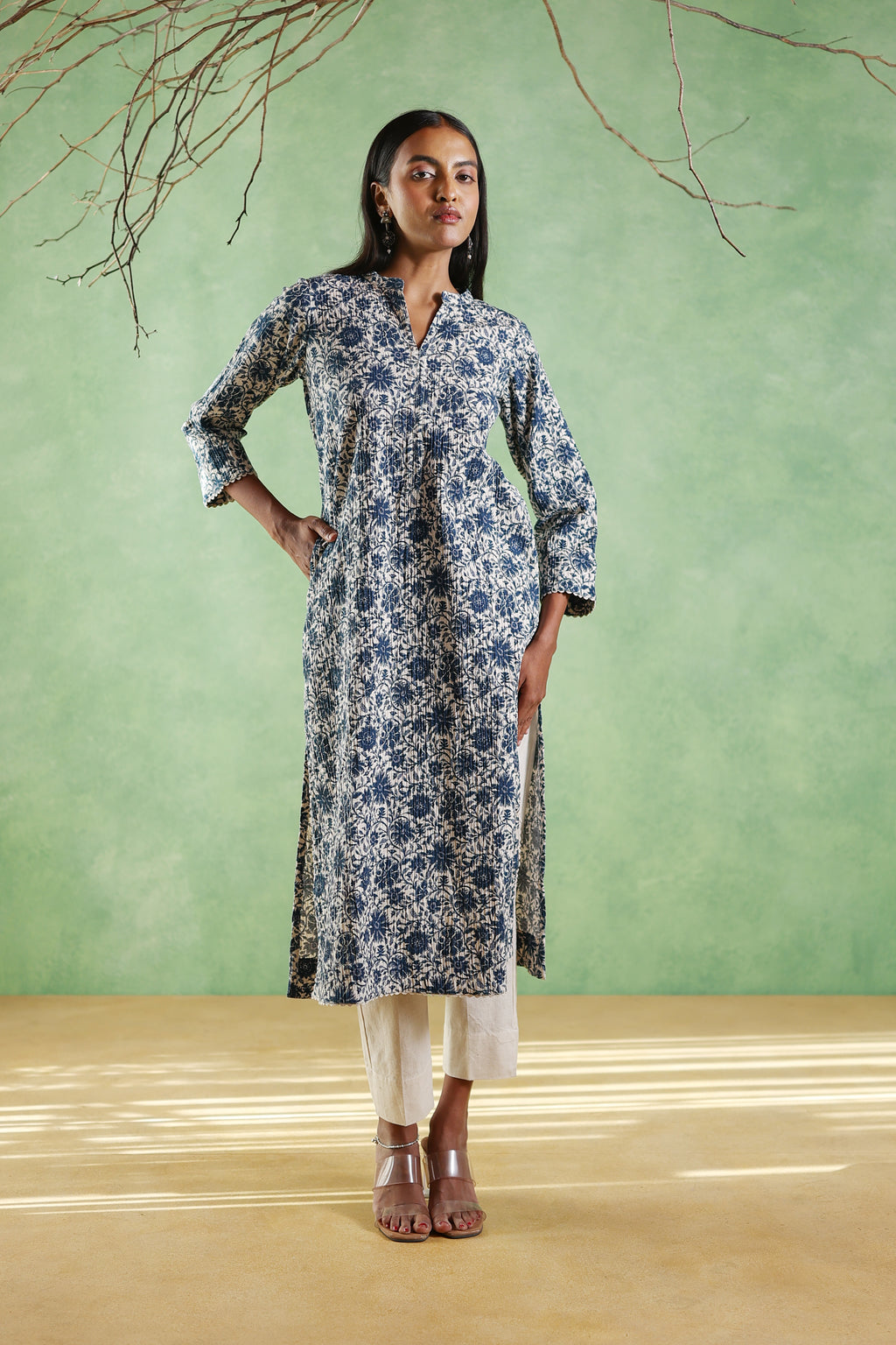 Afsana Linen Crepe Print Kurta - Blue