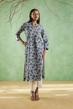 Afsana Linen Crepe Print Kurta - Blue