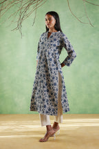 Afsana Linen Crepe Print Kurta - Blue