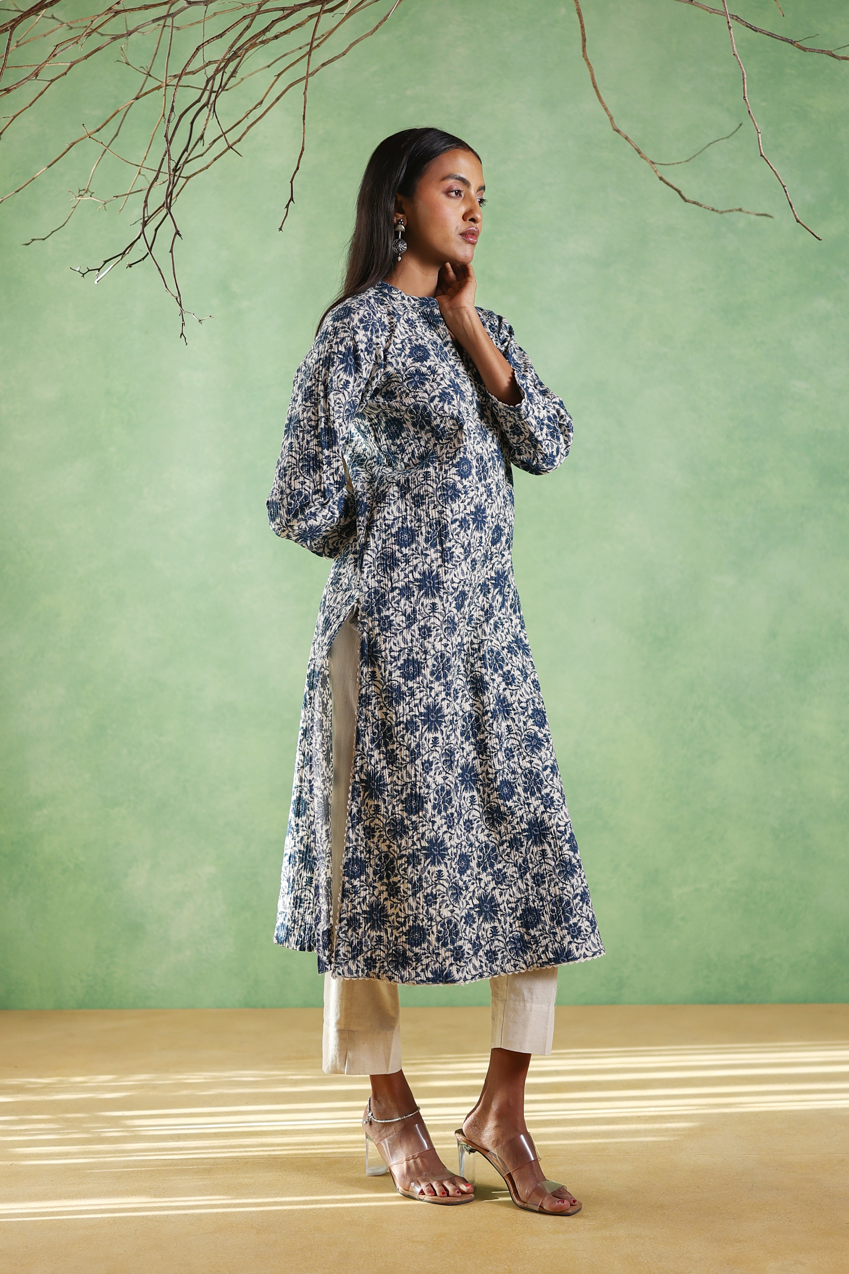 Afsana Linen Crepe Print Kurta - Blue