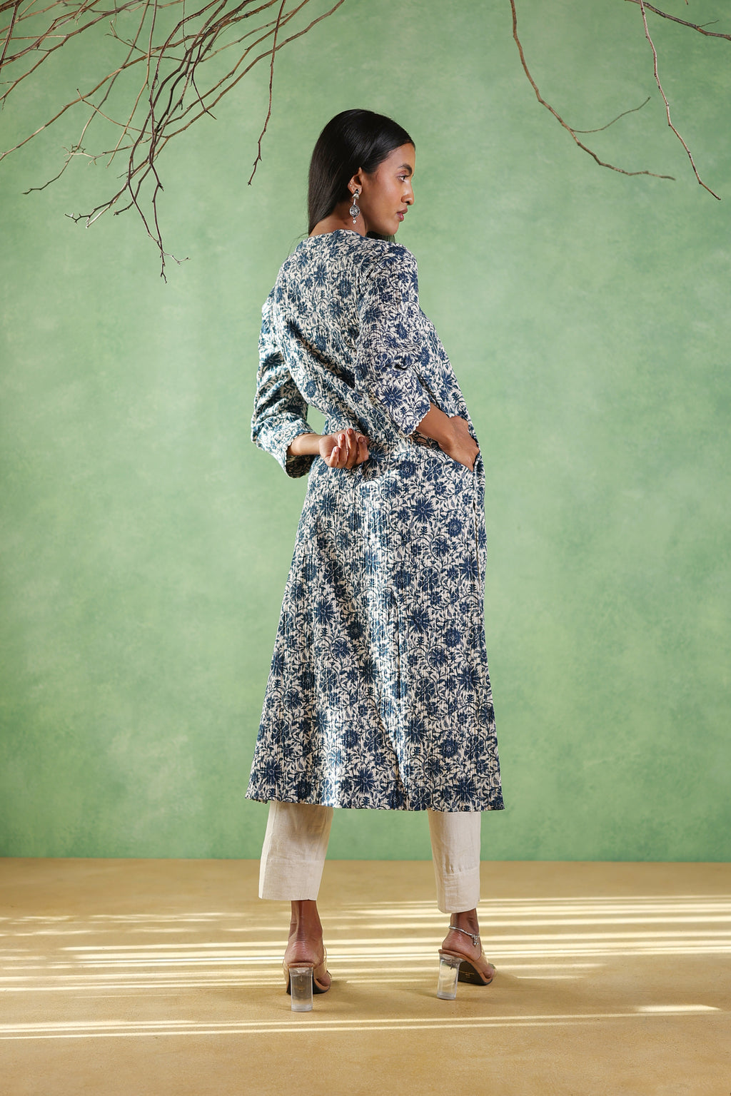 Afsana Linen Crepe Print Kurta - Blue