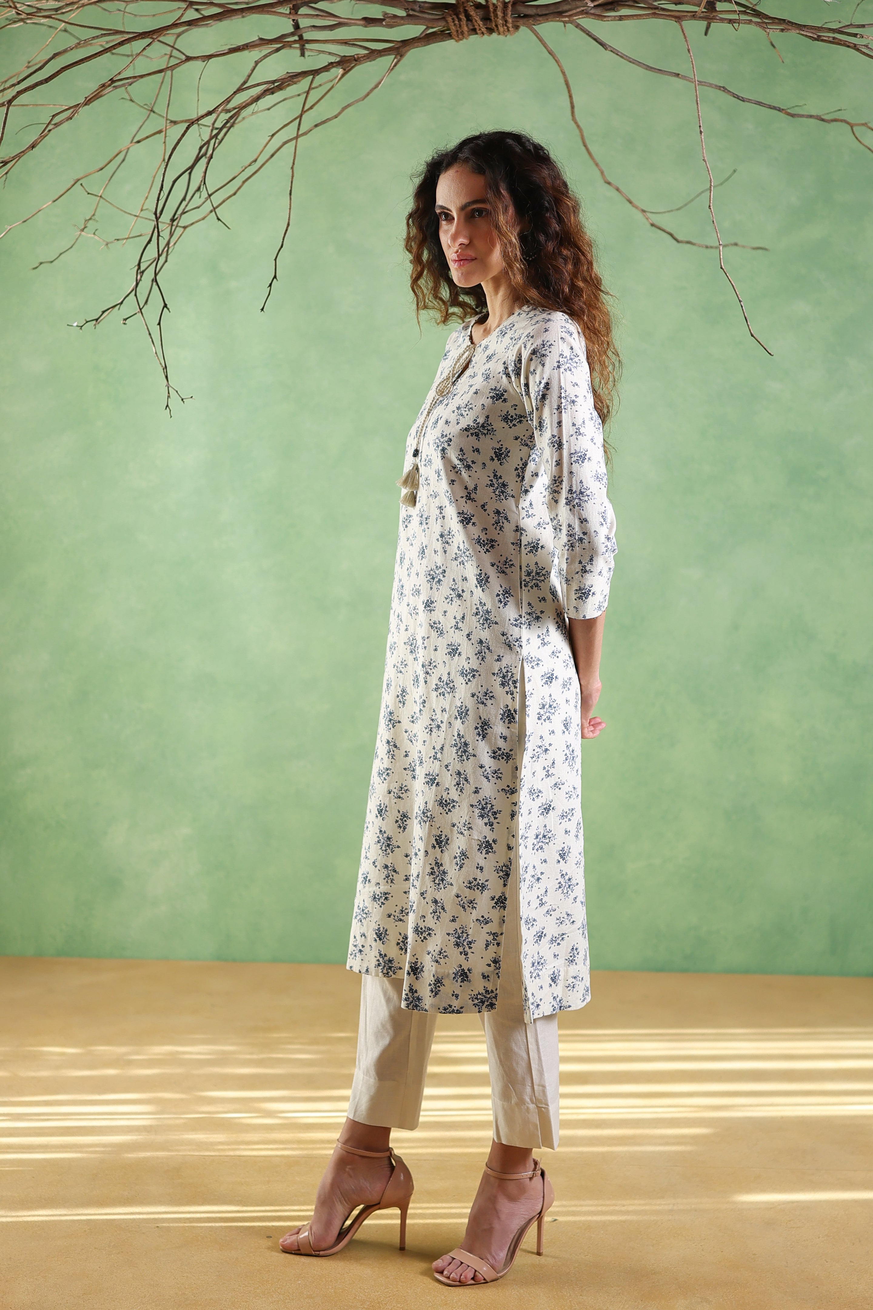 Afsana Printed Kurta with Tassels String - Blue or Pink