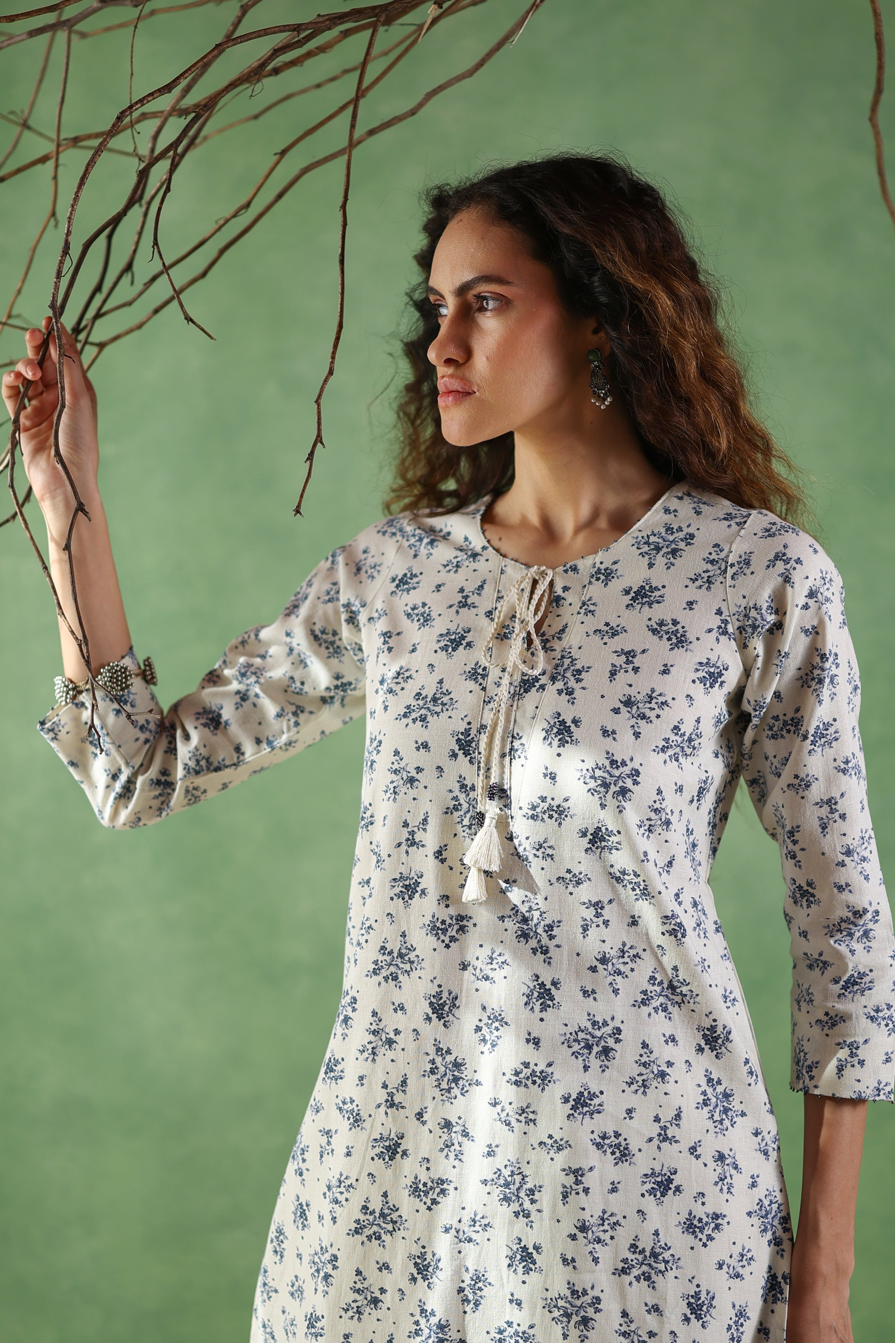 Afsana Printed Kurta with Tassels String - Blue or Pink