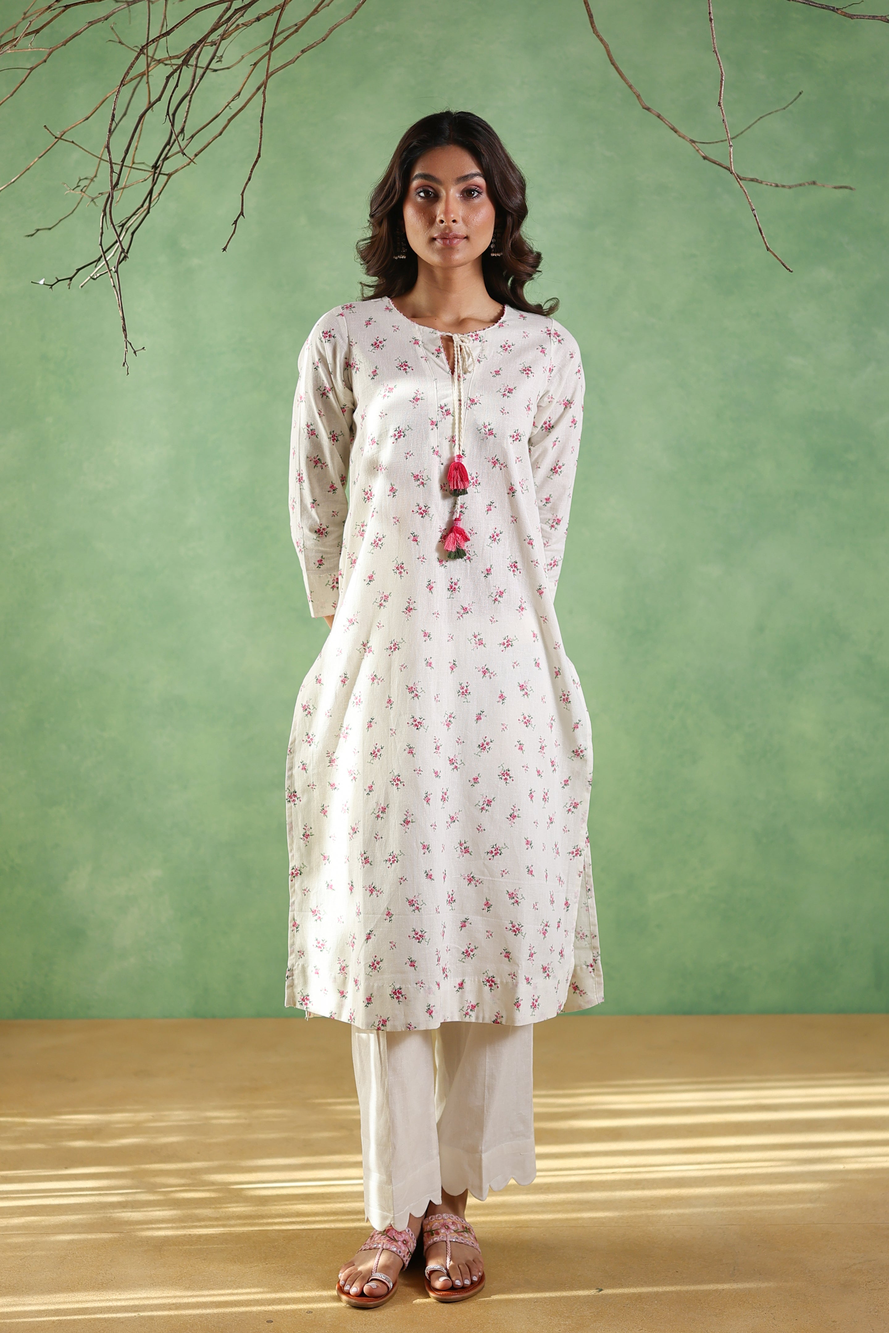 Afsana Printed Kurta with Tassels String - Blue or Pink