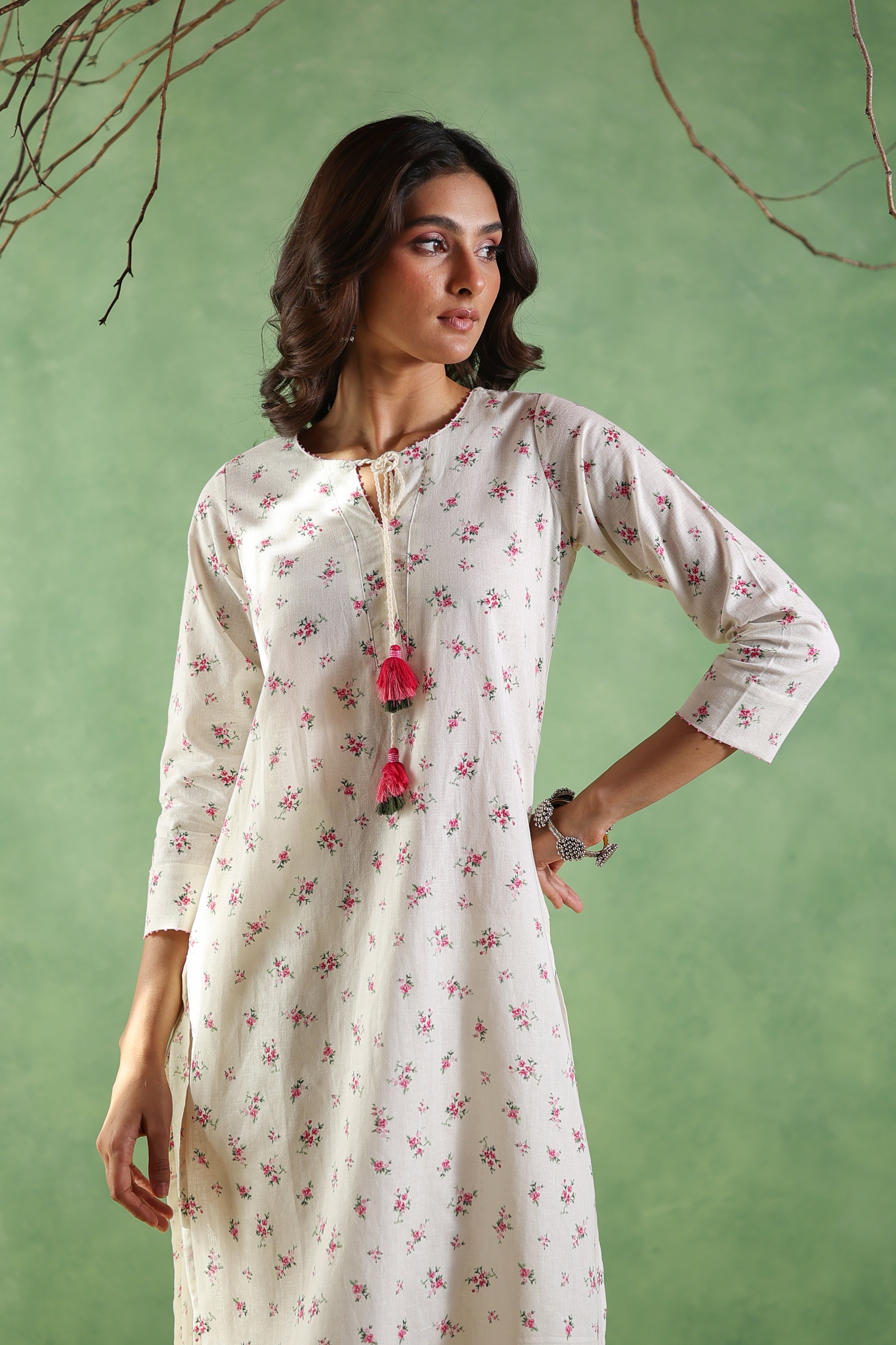 Afsana Printed Kurta with Tassels String - Blue or Pink