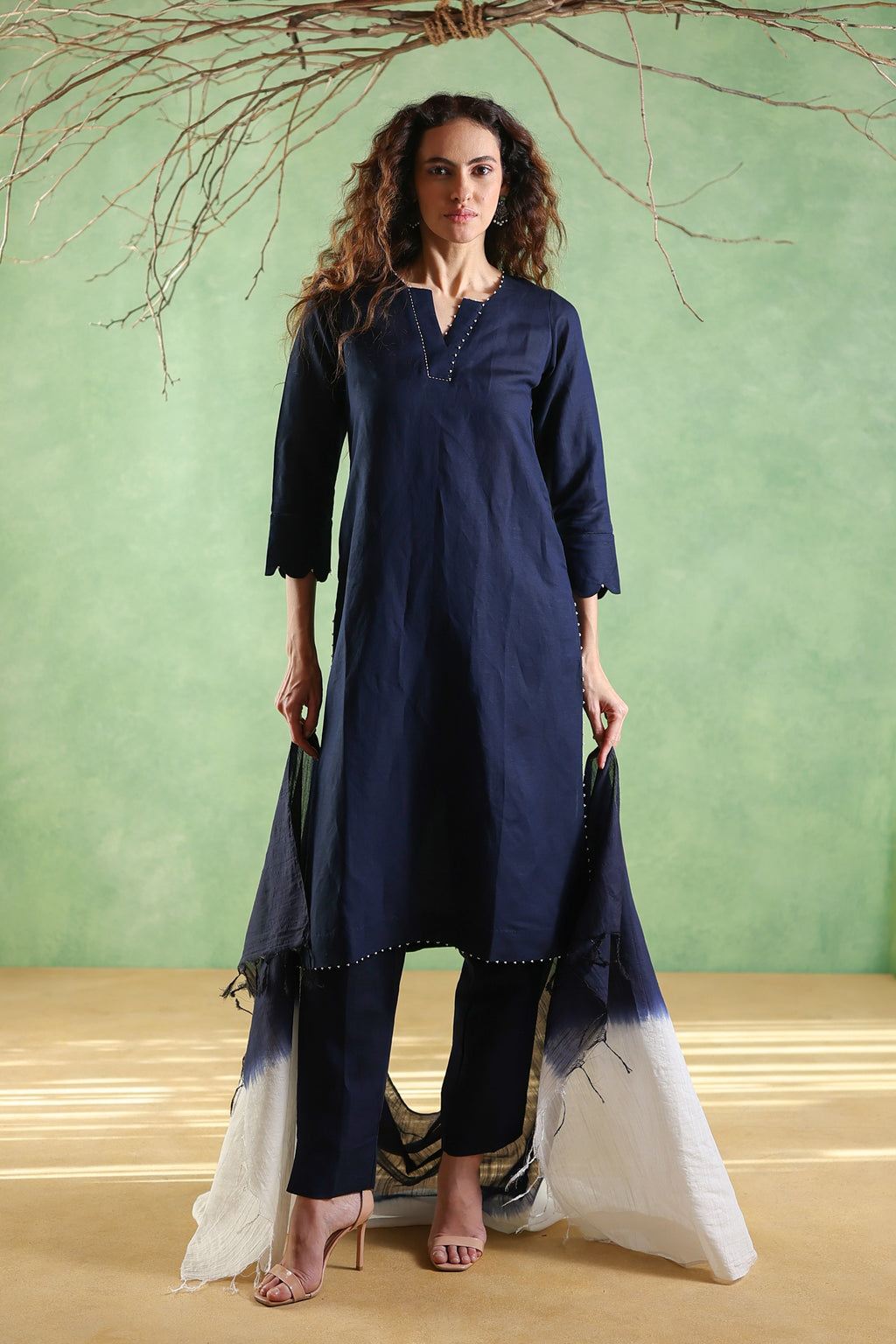 Nura Linen Kurta with Gul Moti Detailing - Mint Green or Navy