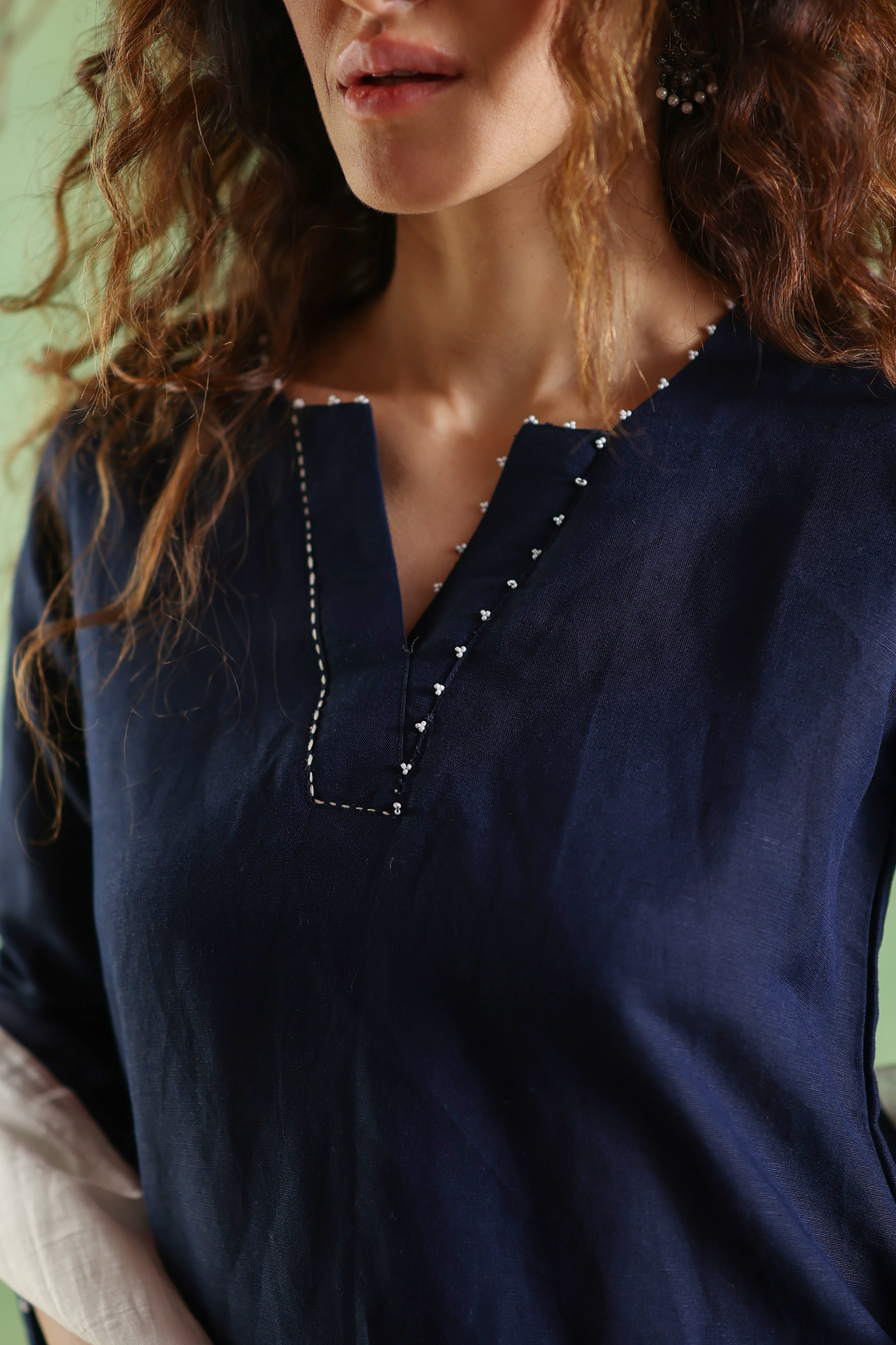 Nura Linen Kurta with Gul Moti Detailing - Mint Green or Navy
